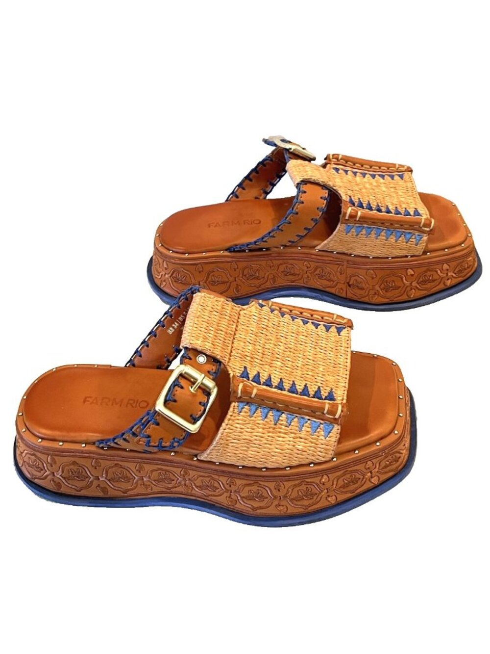 Farm Rio Brown Leather Embroidered Platform Boho Mules Clogs Shoes Sandals